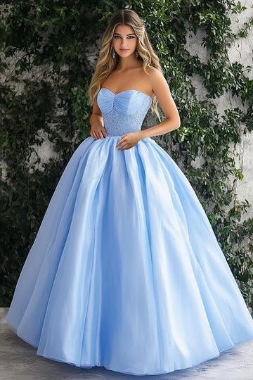 Glitter Sky Blue A-linje Axelbandslös Organza Balklänning med spets